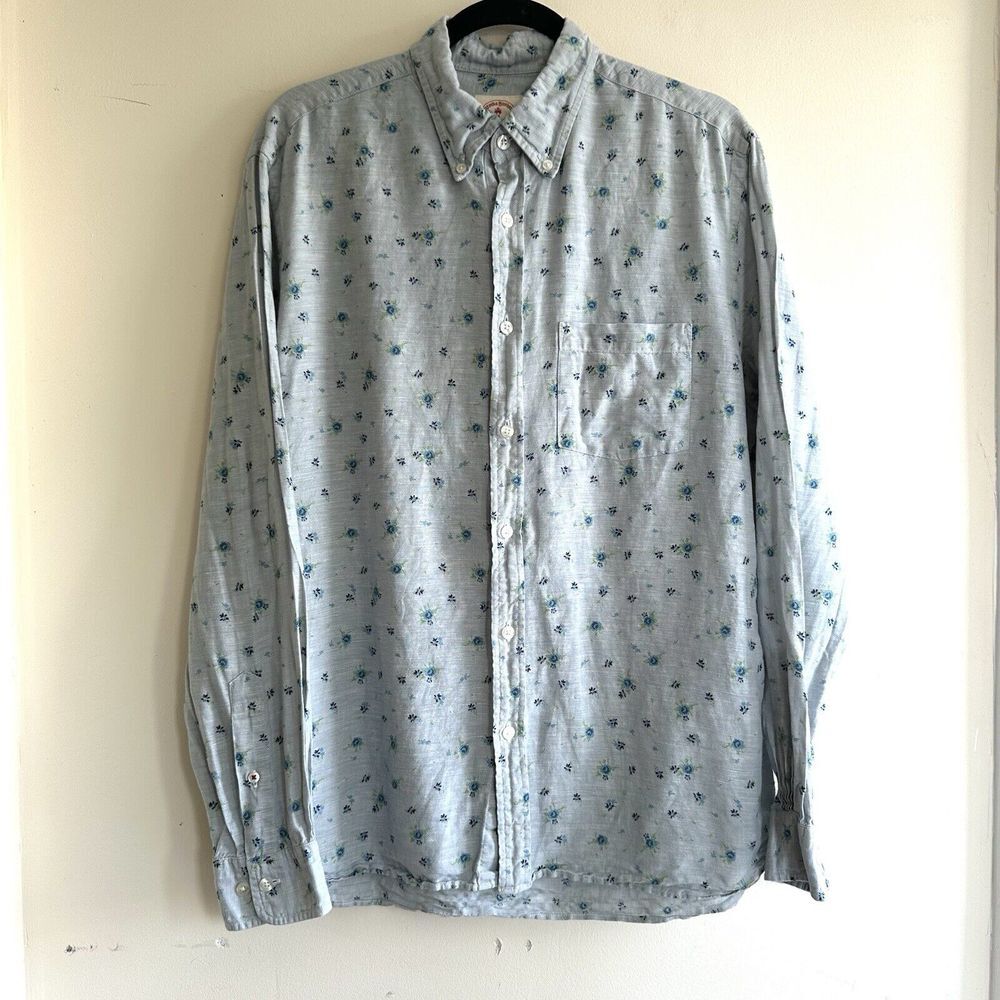 Brooks Brothers Red Fleece Linen Blend Shirt Men's Large Blue Floral Long Sleeve